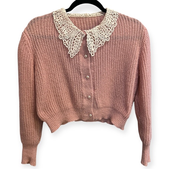 Sweaters - Pink Cropped Cardigan Pearl Button Lace Collar Coquette Cottagecore Womens Small